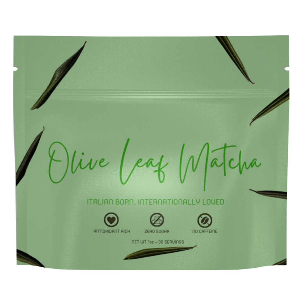 Image of front of Olive Leaf Matcha. Olive Leaf Matcha stands out for its exceptional qualities: crafted in Italy from 100% handpicked Olea europaea leaves, it embodies wellness with its potent health benefits. This innovative tea, inspired by chefs and driven by culinary creativity, is not only environmentally sustainable but also holds international appeal. Rigorously third-party tested to ensure superior nutritional quality, Olive Leaf Matcha is a pure, filler-free beverage that represents the pinnacle of tea innovation.